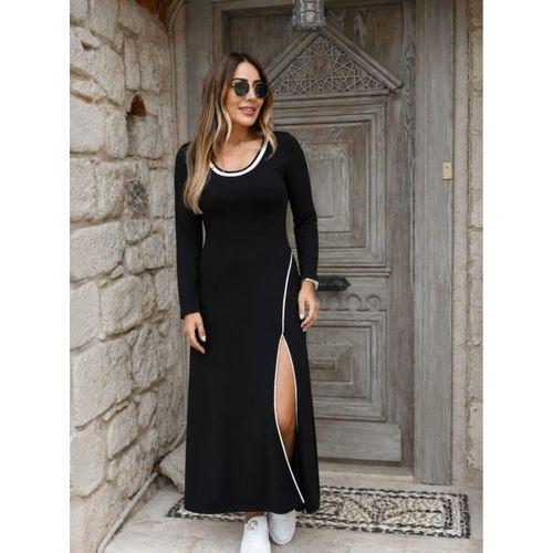 Kadın Uzun Kollu Yuvarlak Yakalı Yırtmaçlı Uzun Viskon Iki Iplik Elbise