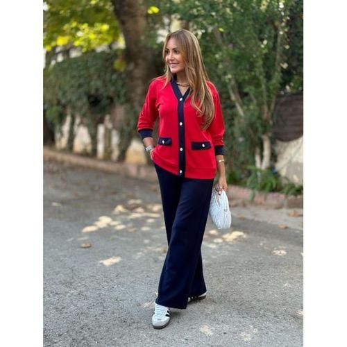 Kadın Uzun Kollu Ribanali Cep Detay Hırka Ve Bol Paça Pantolon Ikili Takım
