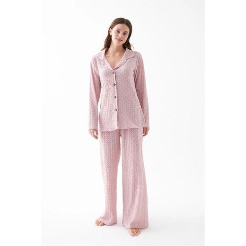 Kadın Pembe Önden Düğmeli Rahat Kesim Pijama Takımı – Günlük Ev Giyim Seti