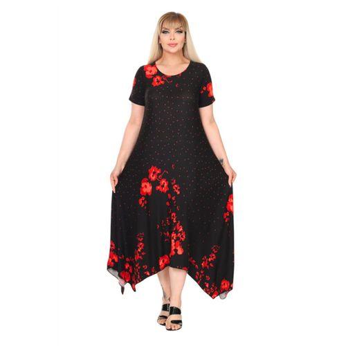 Melsay Butik Kırmızı Puanlı Gelincik Desen Asimetrik Kısa Kollu Elbise