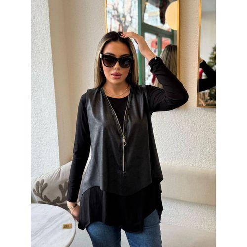Kadın Uzun Kollu Asimetrik Kesim Viskon Bluz Ve çatlak Deri Görünümlü Yelek Ikili Takım