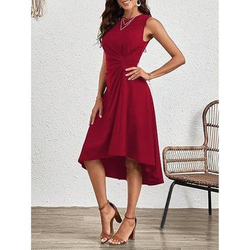 Kadın Sıfır Kollu Bisiklet Yaka Büzgülü Asimetrik Kesim Detaylı Janjan Krep Elbise