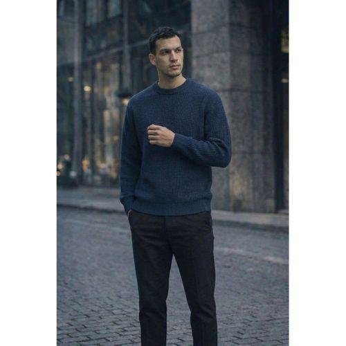 Pilar Oversize Selanik Örgülü Bisiklet Yaka Erkek Kazak - İndigo