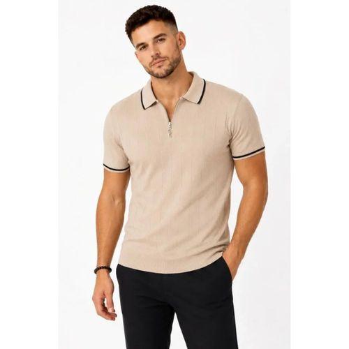 Erkek Fitilli Triko T-shirt Polo Yaka Yarım Fermuarlı Kısa Kollu Tişört - Bej