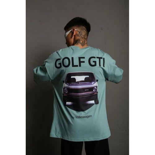 Erkek Oversize Baskılı Tişört – Golf GTI Retro Araba Desenli, Ön - Arka Dijital Baskı, Sokak Modası Stil - Mint Yeşili