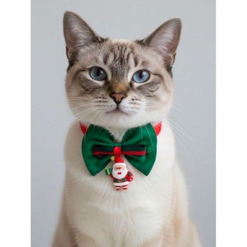 Noel Baba Kedi Papyon Tasması | Yeşil Kırmızı Fiyonk Boyun Aksesuarı | Noel Temalı Kedi Süsü
