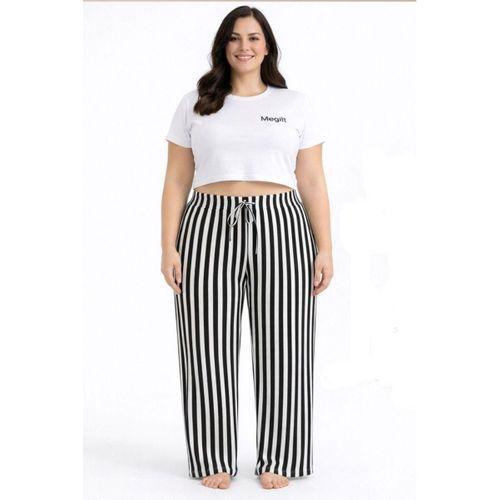 Viskon Pamuklu Kadın Büyük Beden Siyah Çizgili Pijama Pantolon - MGB001 - Mudanis