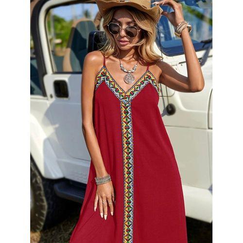 Kadın Askılı V Yakalı Etnik şerit Detaylı Uzun Viskon Elbise