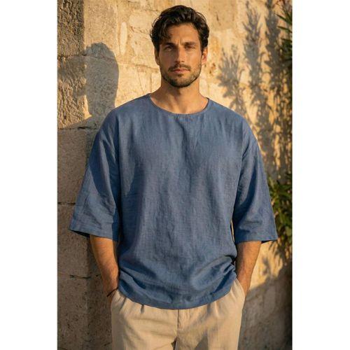 Castiel Bisiklet Yaka Fakir Kol Oversize Kısa Kol T-shirt - Mavi