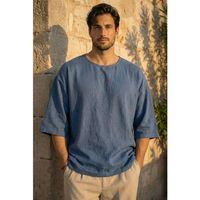 Castiel Bisiklet Yaka Fakir Kol Oversize Kısa Kol T-shirt - Mavi