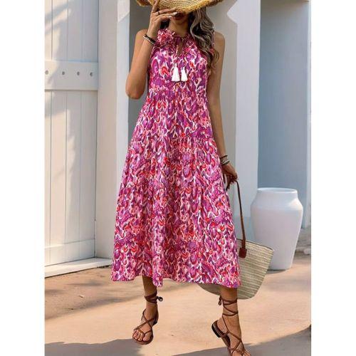 Kadın Askılı Yakası Fırfırlı Bağcıklı Desenli Uzun Süprem Elbise