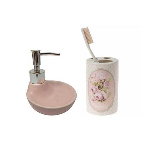 Sıvı Sabunluk,Diş Fırçalık 2 Li Banyo Seti,Çiçekli Pembe