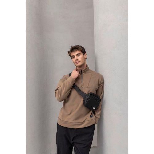 Crowe Çizgi Şeritli Oversize Yarım Fermuar Polar Erkek Sweatshirt - Bej