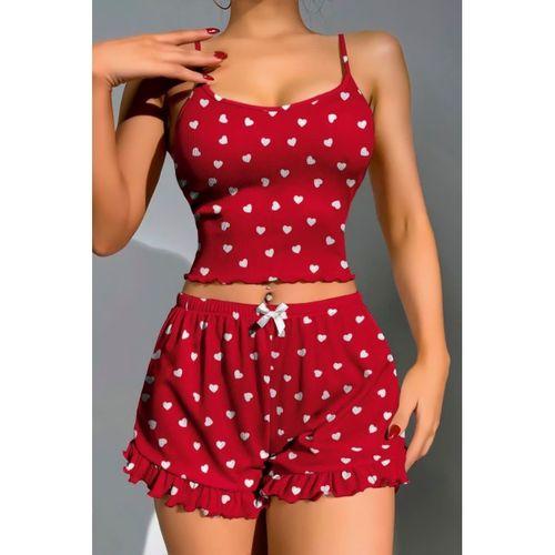 Pamuklu Kırmızı Üstüne Beyaz Kalp Desen Fitilli Askılı Şortlu Pijama Takımı