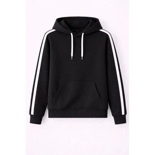 Erkek Şeritli Kapüşonlu Sweatshirt Oversize 3 Iplik Pamuklu - Siyah