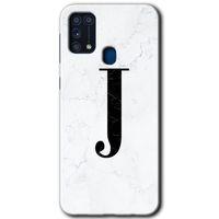 Samsung Galaxy M31 Kılıf HD Desen Baskılı Arka Kapak + Temperli Cam - Beyaz Mermer Desenli J Harfi
