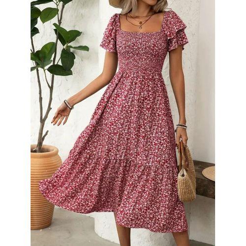 Kadın Kısa Kollu Gipe Detaylı Desenli Midi Süprem Elbise