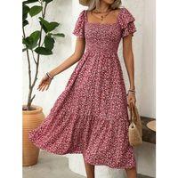 Kadın Kısa Kollu Gipe Detaylı Desenli Midi Süprem Elbise