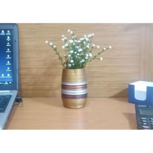 2 Adet Vazo Dahil,Vazoda Çiçek,Beyaz Yapay Çiçek,Vazo Dekoratif Metalik Kahve Poliresin 6X6X17Cm