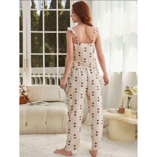 Kadın Ekru Kırmızı Kalp Desenli Yumuşak Pamuklu Uzun Pijama Takımı 5136