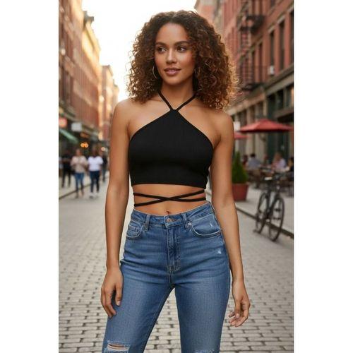 Kadın Siyah Modern Fit Sırtı Açık Boyundan Çapraz Bağlamalı Crop Top Bluz