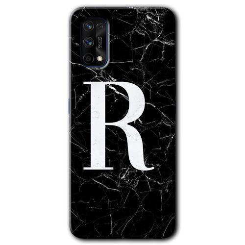 MRCİLETİSİM Realme 7 Pro Kılıf HD Desen Baskılı Arka Kapak + Temperli Cam - Siyah Mermer Desenli R Harfi