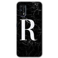 MRCİLETİSİM Realme 7 Pro Kılıf HD Desen Baskılı Arka Kapak + Temperli Cam - Siyah Mermer Desenli R Harfi