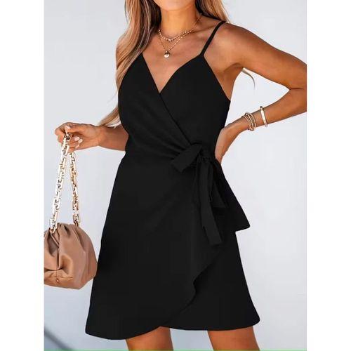 Kadın Ip Askılı Kruvaze Yakalı Belden Kuşaklı Kısa Janjan Krep Elbise