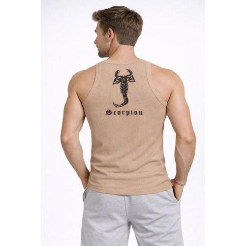 Erkek Fitilli Atlet Sıfır Yaka Slim Fit Arka Baskılı Spor Atlet - Bej