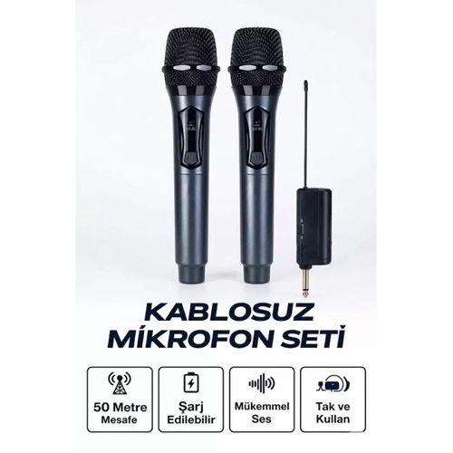 Profesyonel Çiftli Kablosuz Mikrofon Seti Karaoke Şarj Edilebilir 50 Metre