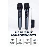 Profesyonel Çiftli Kablosuz Mikrofon Seti Karaoke Şarj Edilebilir 50 Metre
