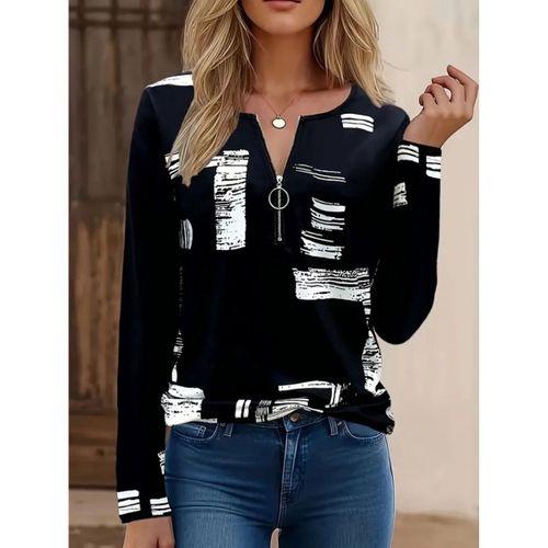 Kadın Uzun Kollu önden Fermuarlı Geometrik Desenli Süprem Bluz