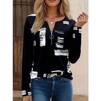 Kadın Uzun Kollu önden Fermuarlı Geometrik Desenli Süprem Bluz