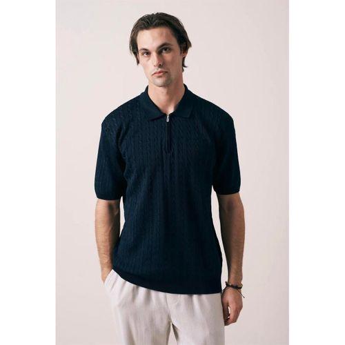 Burke Saç Örgü Yarım Fermuarlı Kısa Kollu İnce Triko Erkek T-Shirt - Lacivert