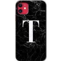 Potkal Hediye Fabrikası iPhone 11 HD Baskılı Kılıf + 9D Tam Ekran Koruyucu - Siyah Mermer Desenli T Harfi