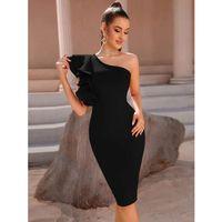 Kadın Tek Omuzu Açık Diğer Omuz Volan Detay Midi Ithal Krep Elbise