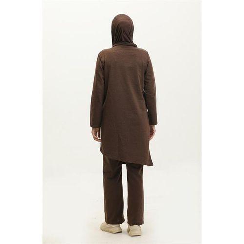 Kruvaze Bisiklet Yaka Sade Basic Tunik Panolon İkili Takım - 03076.028 - Kahverengi