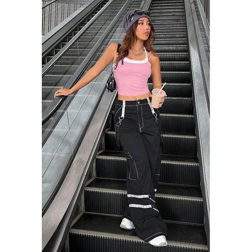 Kadın Pembe Beyaz Çift Renk Çapraz Askılı Crop Top Bluz
