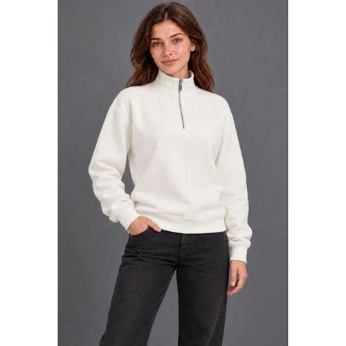 Üç İplik İçi Şardonlu Dik Yaka Yarım Fermuarlı Kışlık Sweatshirt - Beyaz
