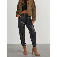 Kadın Yüksek Bel Lastikli önü Düğmeli Deri Pantolon