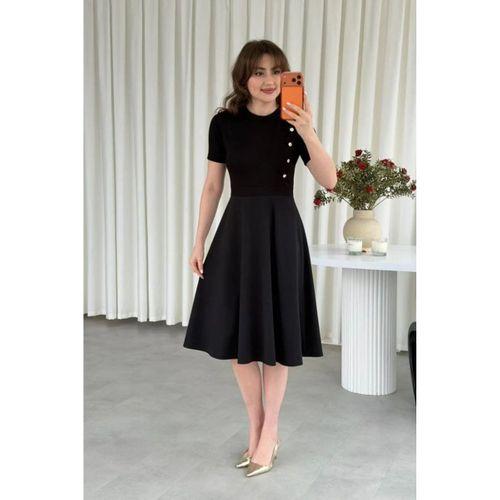 Kadın Kısa Kollu Bisiklet Yaka Gold Düğme Detay Midi Boy Elbise