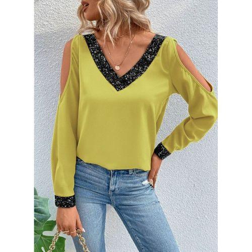 Kadın Uzun Kollu V Yakalı Omuzlardan Açık Sandy Bluz
