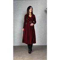 Kadın Uzun Kollu Kruvaze Yaka Kemer Dahil çizgili Triko Elbise