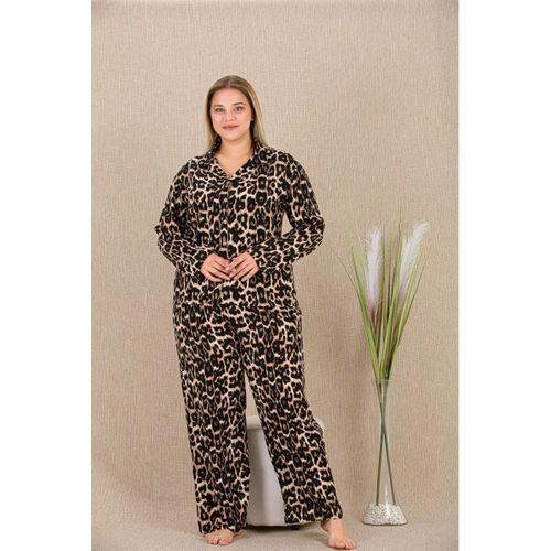 Büyük Beden Leopar Desenli Düğmeli Uzun Kol Viskon Pijama Takımı
