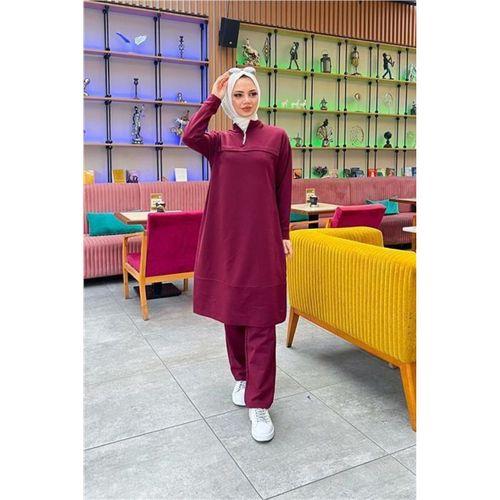 Dik Yaka Kısa Fermuarlı Yırtmaçlı Sade Basic Uzun Tunik ve Pantolon İkili Spor Takım - 03062.009 - Bordo
