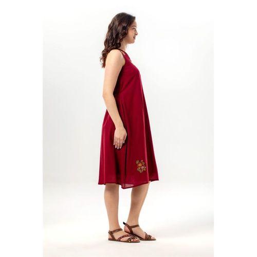 Kolsuz Efsane V Yaka Nakışlı Yazlık Şile Bezi Midi Boy Elbise Bordo Brd