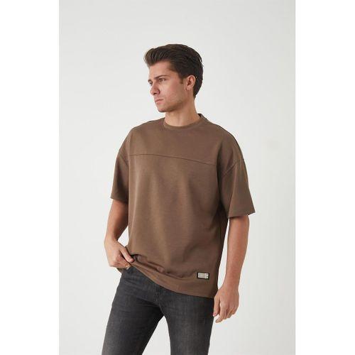 Panel Detaylı Basic Oversize Erkek T-Shirt - Kahve