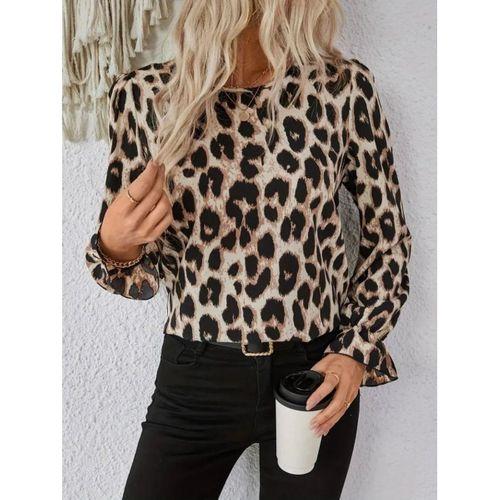Kadın Uzun Kollu Arkadan Fiyonk Detaylı Leopar Desenli Süprem Bluz