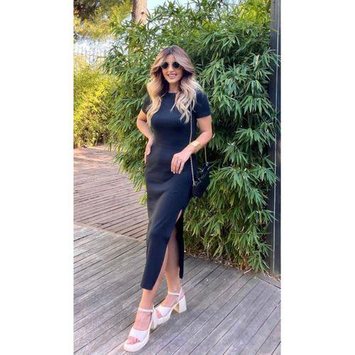 Lucky Life Kadın Kısa Kollu Bisiklet Yaka Yırtmaç Detay Fitilli Kaşkorse Tam Boy Elbise