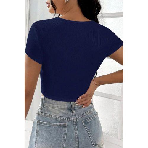 Kadın Lacivert Yarım Kol Düz Yaka Crop Top Bluz